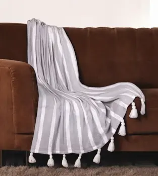 50" X 60" Gray and White Woven Cotton Striped Throw Blanket with Tassels