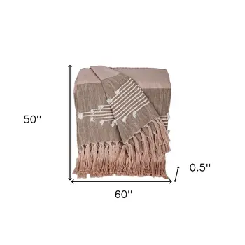 50" X 60" Brown and Tan Woven Cotton Striped Throw Blanket with Fringe and Embroidery