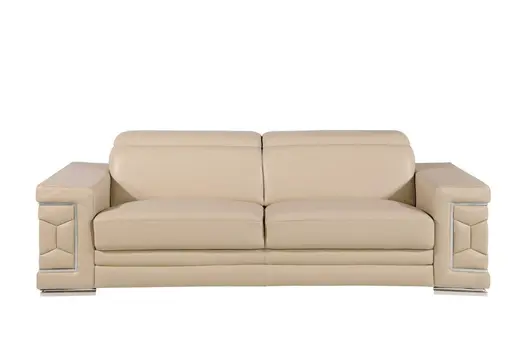89" Beige Leather Sofa With Silver Legs