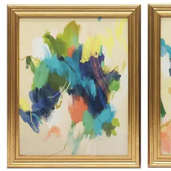 Set Of Two Orange Blue Yellow Abstracts Gold Framed Print Wall Art