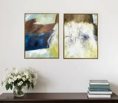 Set Of Two Mod Abstract Blue And Ivory Gold Floater Frame Painting Wall Art