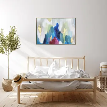 Blue and Multi Mod Abstract Gold Floater Frame Wall Art