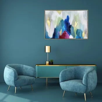 Blue and Multi Mod Abstract Gold Floater Frame Wall Art