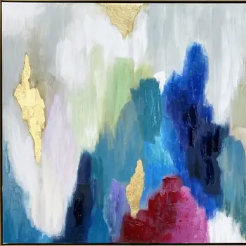 Blue and Multi Mod Abstract Gold Floater Frame Wall Art
