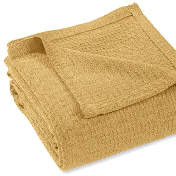 Twin Mustard Cotton Waffle Weave Honeycomb Blanket