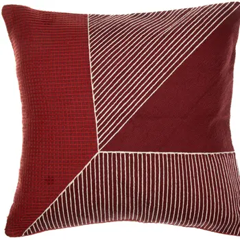 20" Red and White Geometric Cotton Throw Pillow With Embroidery