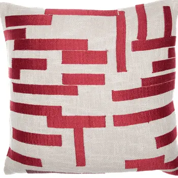 24" Red and Ivory Geometric Cotton Blend Throw Pillow With Embroidery