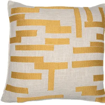 20" Yellow and Ivory Geometric Cotton Blend Throw Pillow With Embroidery