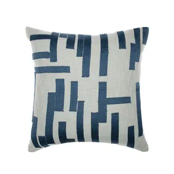 24" Blue and Ivory Geometric Cotton Blend Throw Pillow With Embroidery