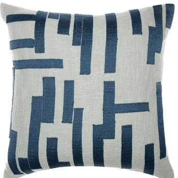 24" Blue and Ivory Geometric Cotton Blend Throw Pillow With Embroidery