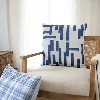 24" Blue and Ivory Geometric Cotton Blend Throw Pillow With Embroidery