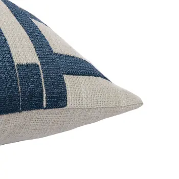 24" Blue and Ivory Geometric Cotton Blend Throw Pillow With Embroidery
