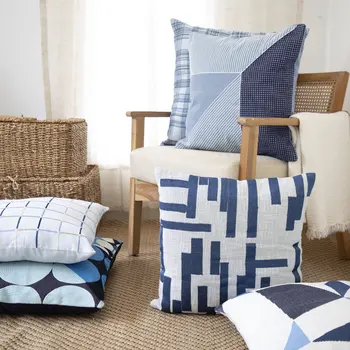 24" Blue and Ivory Geometric Cotton Blend Throw Pillow With Embroidery