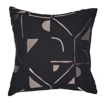24" Beige and Black Geometric Cotton Blend Throw Pillow With Embroidery