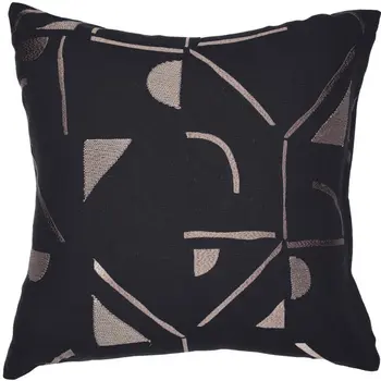 24" Beige and Black Geometric Cotton Blend Throw Pillow With Embroidery