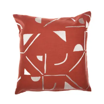 24" Orange and Ivory Geometric Cotton Blend Throw Pillow  With Embroidery