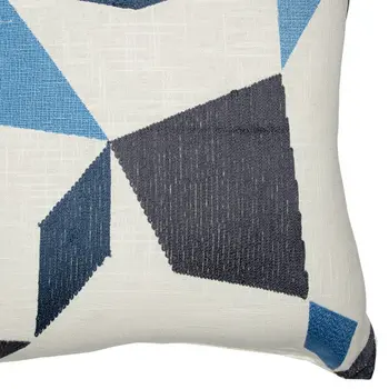 20" Ivory and Blue Geometric Cotton Blend Throw Pillow With Embroidery