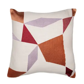 20" Ivory Red and Orange Geometric Cotton Blend Throw Pillow With Embroidery