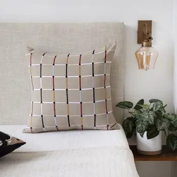 24" Beige Check Cotton Blend Throw Pillow With Embroidery