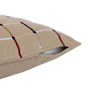 24" Beige Check Cotton Blend Throw Pillow With Embroidery