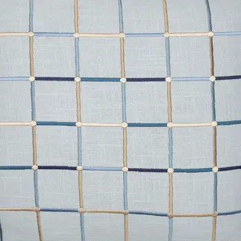 20" Light Blue Check Cotton Blend Throw Pillow With Embroidery