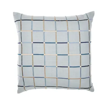 24" Light Blue Check Cotton Blend Throw Pillow  With Embroidery