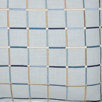 24" Light Blue Check Cotton Blend Throw Pillow  With Embroidery