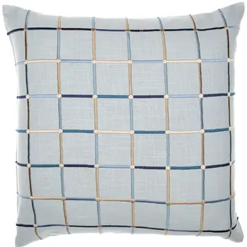 24" Light Blue Check Cotton Blend Throw Pillow  With Embroidery