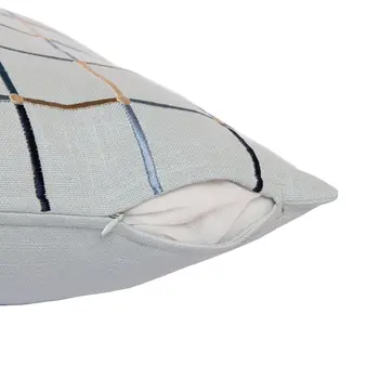 24" Light Blue Check Cotton Blend Throw Pillow  With Embroidery