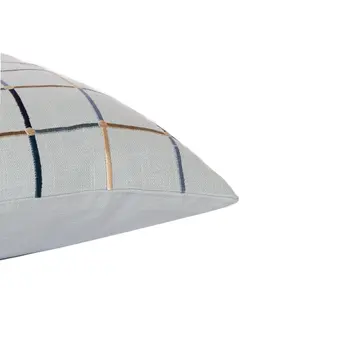 24" Light Blue Check Cotton Blend Throw Pillow  With Embroidery
