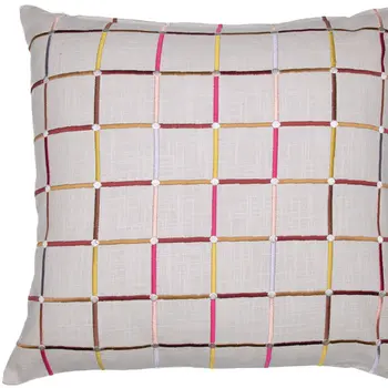 24" White Check Cotton Blend Throw Pillow With Embroidery