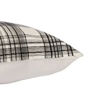 24" White and Black Check Cotton Blend Throw Pillow With Embroidery