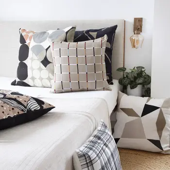 24" White and Black Check Cotton Blend Throw Pillow With Embroidery