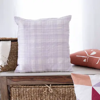 24" Ivory Check Cotton Blend Throw Pillow With Embroidery