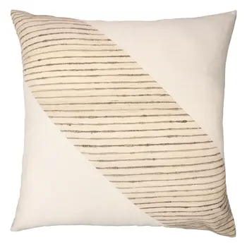 24" Beige and White Geometric Silk Throw Pillow With Embroidery