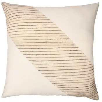 24" Beige and White Geometric Silk Throw Pillow With Embroidery