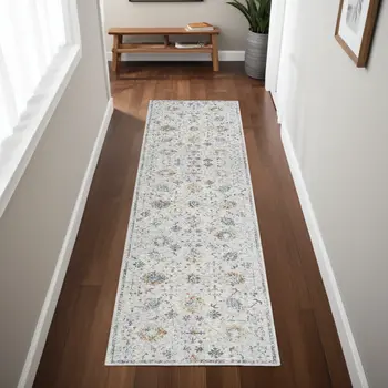 8' Ivory And Blue Floral Runner Rug