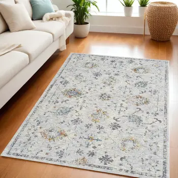 5' X 8' Ivory and Blue Floral Area Rug