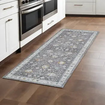 8' Gray And Blue Floral Distressed Runner Rug
