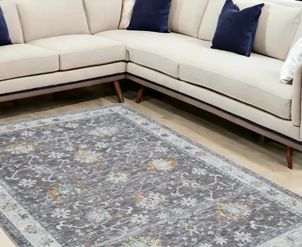 9' X 12' Gray and Ivory Floral Area Rug