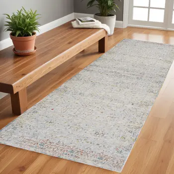 8' Gray And Blue Floral Distressed Runner Rug