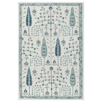 8' X 10' Ivory and Blue Wool Floral Hand Tufted Area Rug