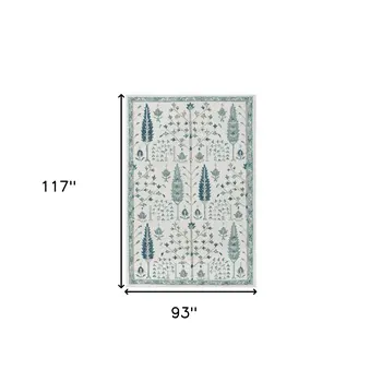 8' X 10' Ivory and Blue Wool Floral Hand Tufted Area Rug