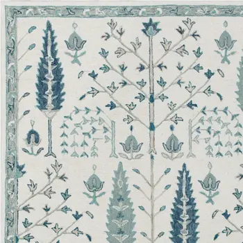 8' X 10' Ivory and Blue Wool Floral Hand Tufted Area Rug
