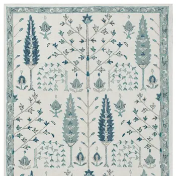 9' X 12' Ivory and Blue Wool Floral Hand Tufted Area Rug
