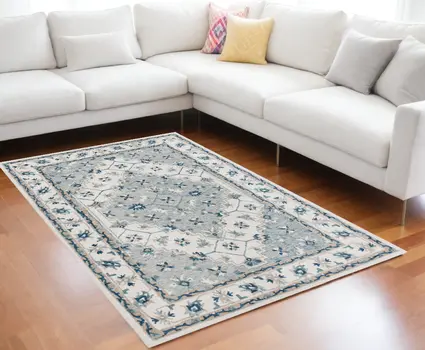 8' X 10' Blue and Ivory Wool Floral Hand Tufted Area Rug