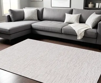 9' X 12' Beige and Ivory Wool Striped Hand Tufted Area Rug