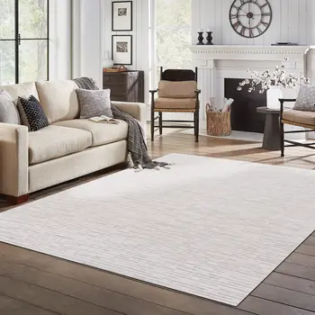 9' X 12' Beige and Ivory Wool Striped Hand Tufted Area Rug