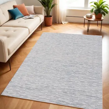 5' X 8' Ivory and Blue Wool Striped Hand Tufted Area Rug
