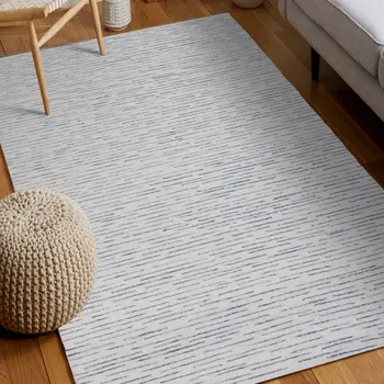 9' X 12' Ivory and Blue Wool Striped Hand Tufted Area Rug